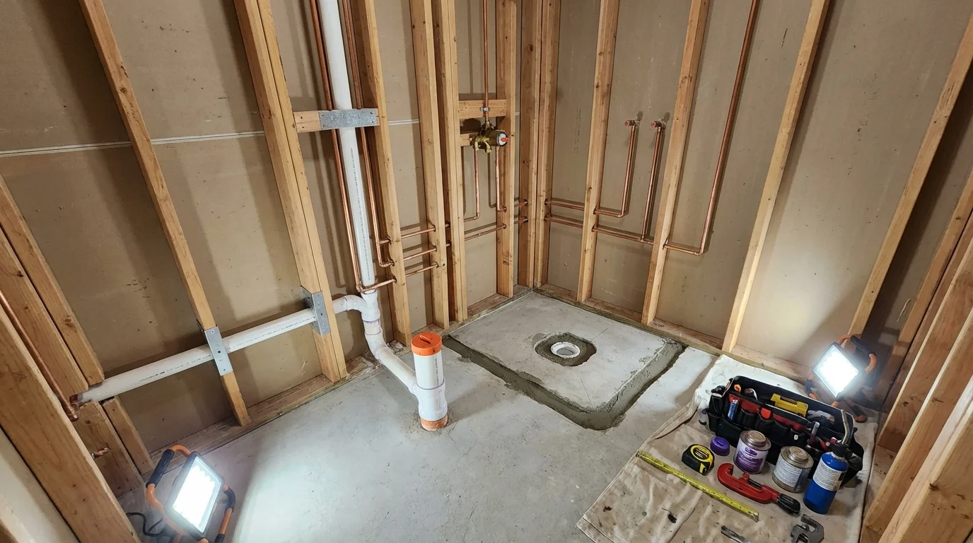 Bathroom rough-in plumbing during remodel by Johns Plumbing LLC in Lansing