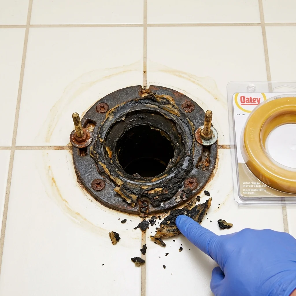 Failed wax ring showing water seepage at the base of a toilet in a Lansing, IL home