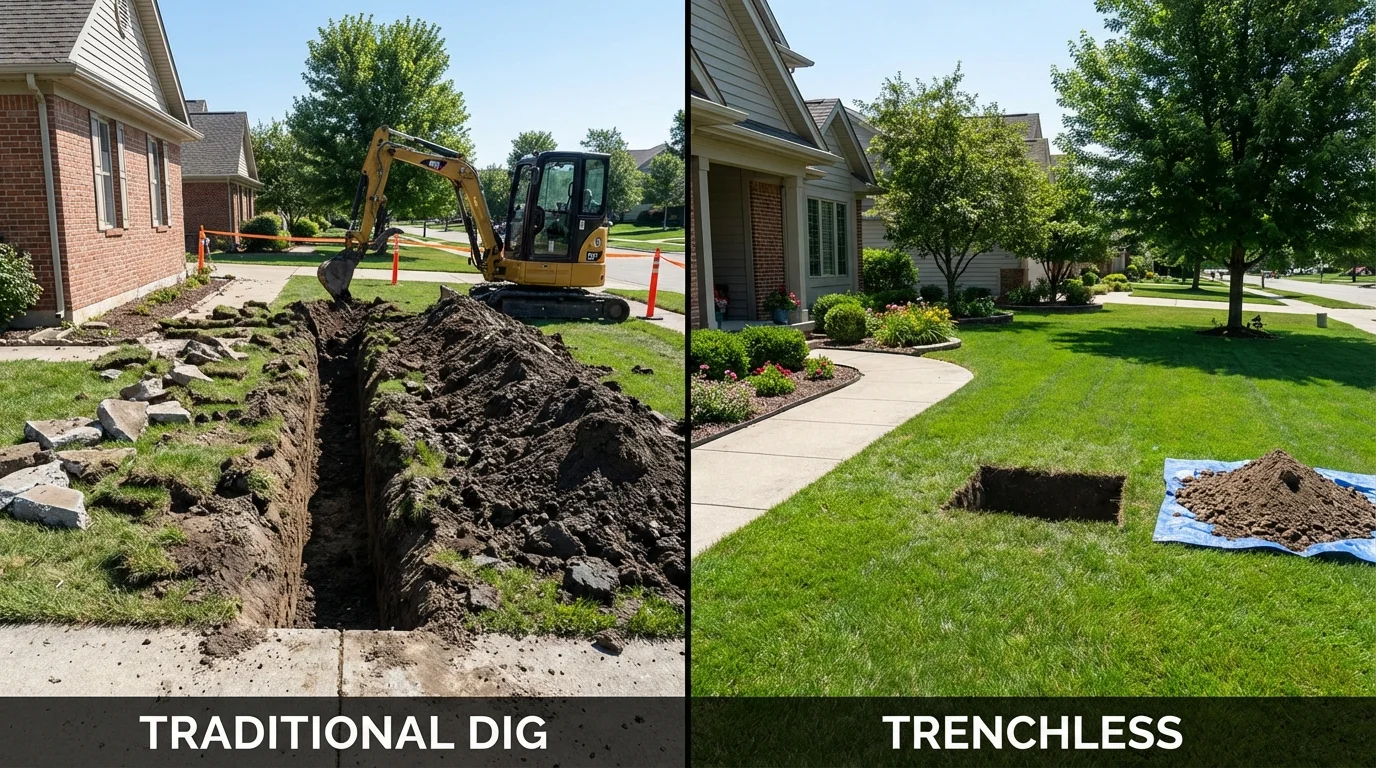 Trenchless sewer repair with minimal yard damage versus traditional excavation in Lansing, IL