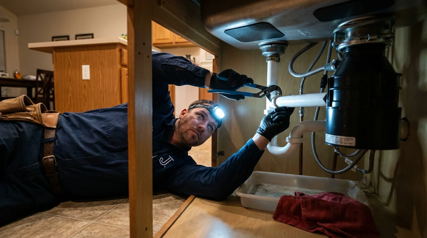 P-trap and supply line connections under a kitchen sink showing a common leak point in Lansing, IL